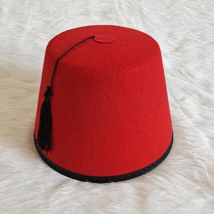 Tarboosh Fez Hat for Men Universal Red Moroccan Hat Ottoman Round Hat Breathable Turkish Tassels Cap Role Play Headwear