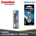 CAMELION  rechargeable Lithium Batteries ICR18650 - 2600 mAh 18560 CELLS RECHARABLE 18650 CELL. 