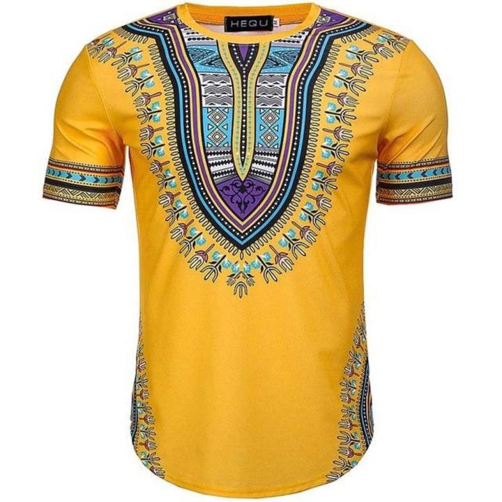 【ALLGOOD】African Style Print Men's Dashiki Tee Shirt Round Neck Yellow Colorful Short Sleeve Pullover T-shirt Festival Top For Men