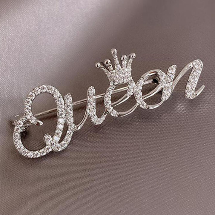 Rhinestone Queen Brooches For Women 2 color Crown Letters Party Office 
