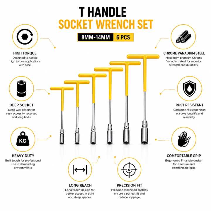 T Handle Deep Socket Wrench Set 8mm-14mm | 6PCS T Bar Socket Spanner Kit | Long Reach Heavy Duty Chrome Vanadium Steel | Motorcycle Car Bike Repair Tool