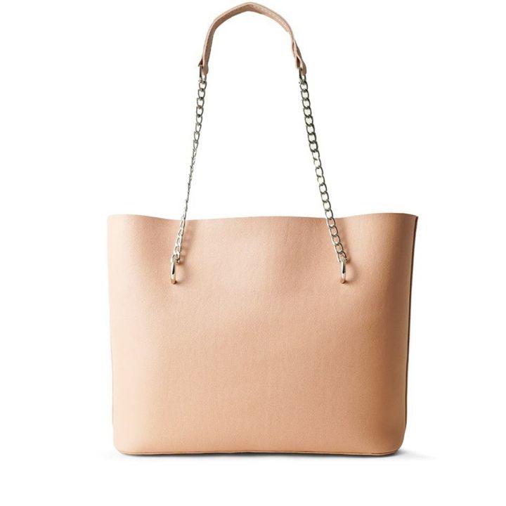 Astore  Peach Verona Grey Metal Shoulder Fix Chain with Double Compartments Inside Multi Pockets and Mid Large Zip Pockets Vegan Leather Tote Bag Shoulder Bag Hand Bags For Women and Girls