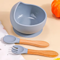 3 pcs  Bpa Free Silicone  Baby Feeding Set Learning Dishes Suction Bowl Set Wood Spoon Non-slip Silicone Bowl and spoon for Baby Bowl  - Buy Silicone Bowl And Spoon , BPa Free Silicone Baby Feeding Set Baby feeding  Set , Baby Bowl. 