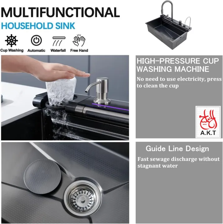 Kitchen%20Sink%20Digital%20Display%20Embossed%20Large%20Single%20Groove%20honeycomb%20dragon%20Black%20Nano%20Raindance%20Waterfall%20Sink%20with%20Pressurized%20Cup%20Washer%20and%20Two%20Waterfalls%20-%20Image%204