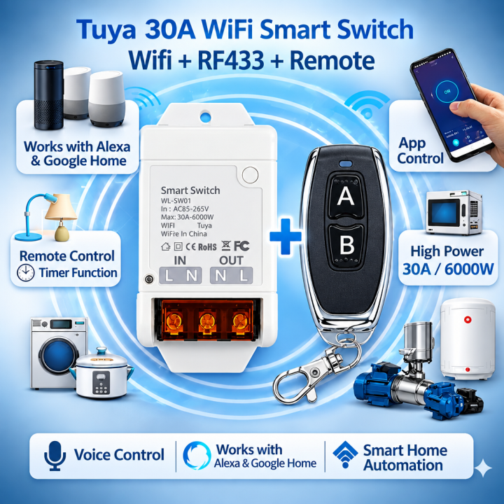 Tuya Wifi 30A Smart Breaker + Remote Control High-power Switch Module ...