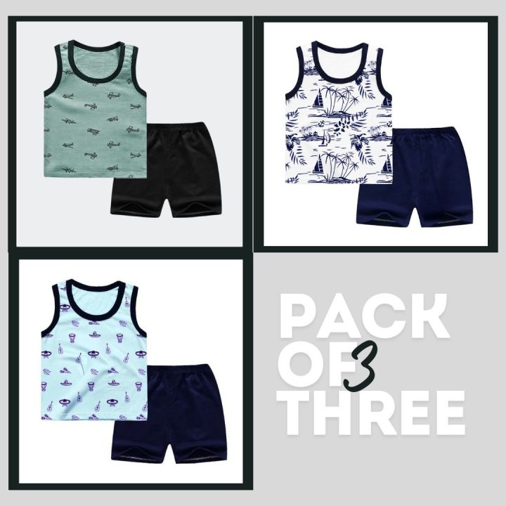 Ruku Garments Pack Of 3 Stylish Sandos & Shorts For Kids Clothing Set Best For Summer