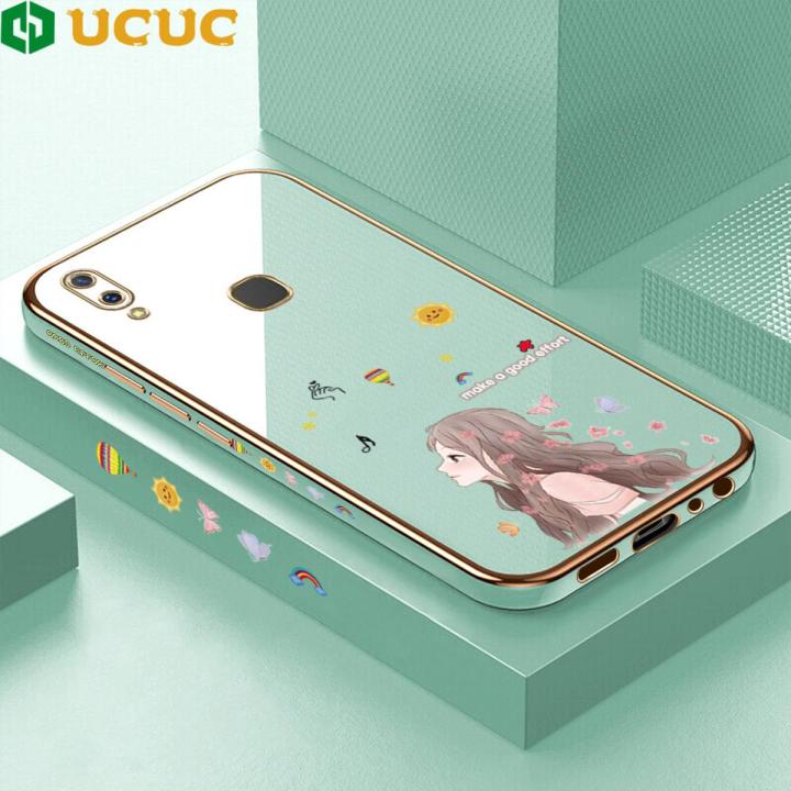 UCUC for Vivo Y85 V9 V9 Youth Z1 Z1i Back Cover + Free Lanyard Gentle Side Face Girl Luxury 6D Plating Case Side Pattern Soft Silicone Square Phone Cases