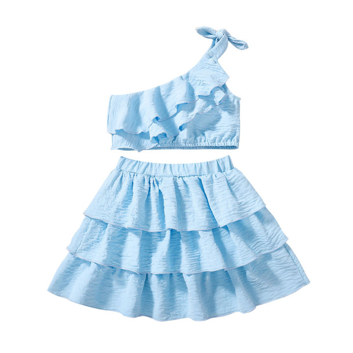 Kids Girl Summer Skirt Outfit Solid Color One Shoulder Sleeveless