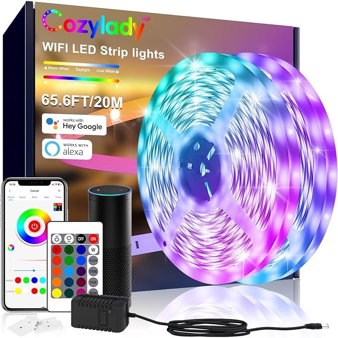 Cozylady 65.6ft Smart WiFi Led Strip Lights, Smart App LED Compatible with Alexa and Google Home, Timer Schedule, Music Sync RGB Led Lights for Bedroom, Children's Room, Kitchen, Game Room Decor uk import a830