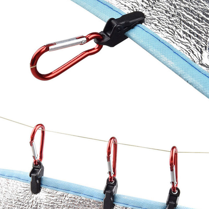 [HOT] 1/0Pcs Portable Tent Awning Fixing Clamp Grip With Carabiner Hook Windproof Tarpaulin Plastic Wind Rope For Outdoor Camping