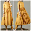 Flared frock detailed with sequence sleeves border paired with chorri dar pujama stitched two-piece suit. 