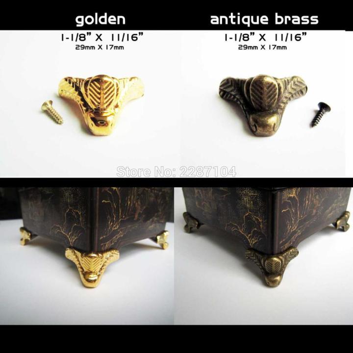 4pcs Brand New Mini Decorative Antique Brass Golden Metal Jewelry Chest Box Wooden Case Feet Leg Corner Protector 29x17mm