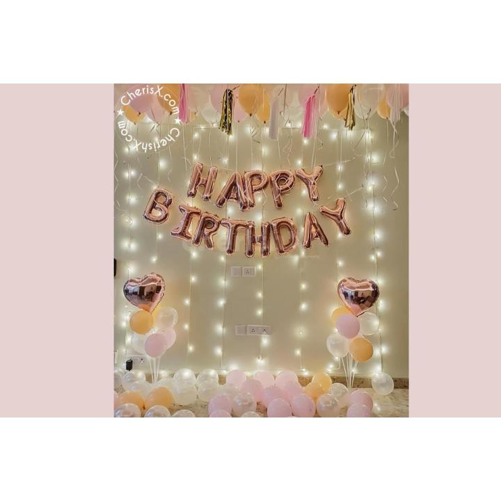 Beautiful theme of Happy Birthday rose gold foil with combo of '30' PCs balloons ( white ,pink and rose gold)'1'fairy light and 2 rose gold heart  for Birthday Decorations