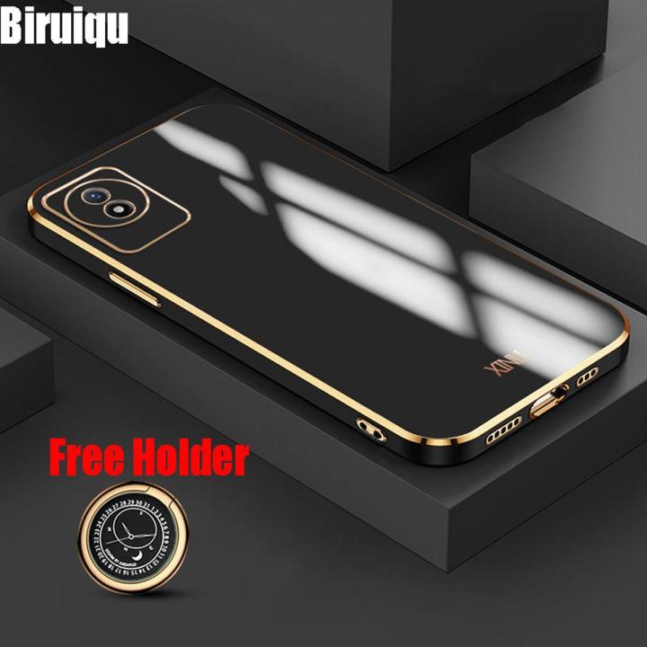 Biruiqu for VIVO Y02T / VIVO Y02 Back Cover Luxury 6D Plating Frame Shiny Bling Phone Pounch Soft Silicone Square Phone Case