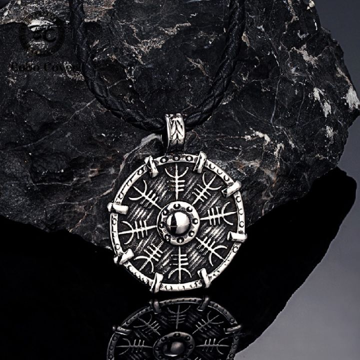 Antique Steel Vikings Runes Compass Necklaces Mens Norse Icelandic Symbol Pendant Amulet Helm of Awe Male Scandinavian Jewelry