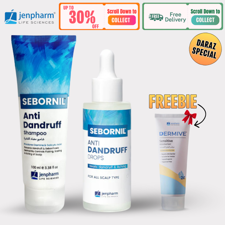 Jenpharm - Daraz Special Bundle - Sebornil Anti Dandruff Shampoo(100ml) With Sebornil Anti Dandruff Drops(50ml) + FREE Dermive Sensitive Moisturizer(Mini)