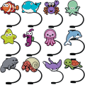 1-12PCS Cartoon Ocean Animal Straw Cover Cap,Silicone Straw Topper Cute Star Jellyfish Shark for 8mm,Dustproof Straw Cap Plug. 