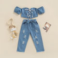 Brondwell Kid Girl Denim Outfits Sets, Off Shoulder Short Sleeve Lacing Crop Tops with Ripped Jeans. 