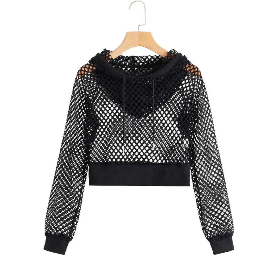 OIMG Women Solid Cutout Mesh Insert Cropped Hoodie Sweatshirt Long Sleeve Crop Top Daraz.pk