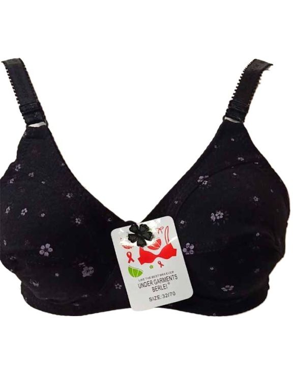 Cotton Baniyan Fabric Made Black Colored Woman Classic Soft Cotton Bra No Padded and Non Wired Bra Cotton Printed Bra Brief Blouse  32 / 34 Sized Cotton Adjustable Straps Bra