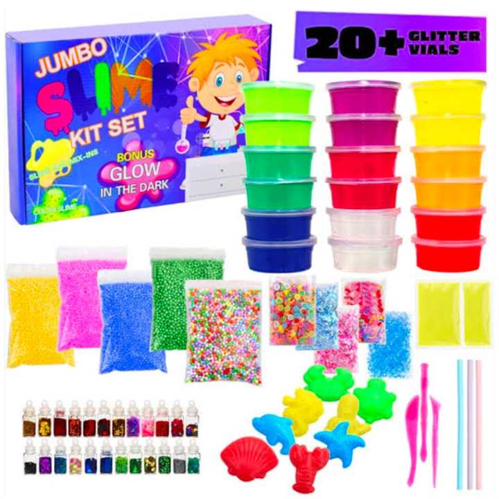 Pack of 24 slime & 20 Glitter bottle & 3000 water orbeez ball & 50 orbeez animals & 6 clay mitti pics (box not include) in just Rs 999