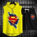 Hoodies Casual S Logo Printed Sports Sleeveless summer Track Suit For Men's & Boys Yellow T-shirt & Black Shorts. 