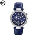Michael Kors Blue Dial Blue Leather Strap Chronograph Watch For Women MK-2384. 
