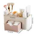Multi-Functional Desktop Cosmetic Storage Box with Drawer – Makeup Organizer Stand with Brush Holder – Compact Dressing Table Organizer – Ideal for Bedroom, Home & Office Use. 