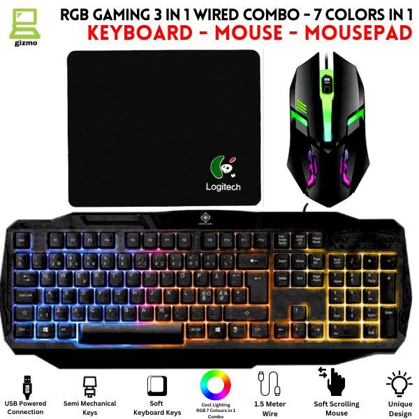 RGB Gaming Keyboard & Mouse Combo - 7 Colour Wired RGB Mouse and Keyboard Set - USB Wired Pack For PC & Laptop - White & Black