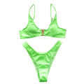 Women's V-neck Leather Special Metal Buckle Bikini Set  Solid Color High Cut Split Two Piece Bathing Suit. 