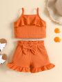 Infant Baby Two Piece Set, Toddler Solid Color Sleeveless Camisole Tops Elastic Waist Ruffle Hem Shorts. 