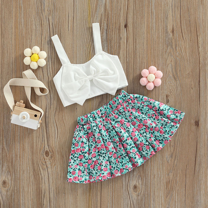 2%20Pieces%20Kids%20Suit%20Set,%20Solid%20Color%20Bowknot%20Sleeveless%20Crop%20Tops+%20Floral%20Print%20Skirt%20for%20Girls,%209%20Months-4%20Years%20-%20Image%204