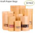50 Pcs brown kraft paper bag stand up pouches with Frosted Window Zip Lock Grip Seal Tear Notch Doypack Food Coffee Packaging Pouches. 