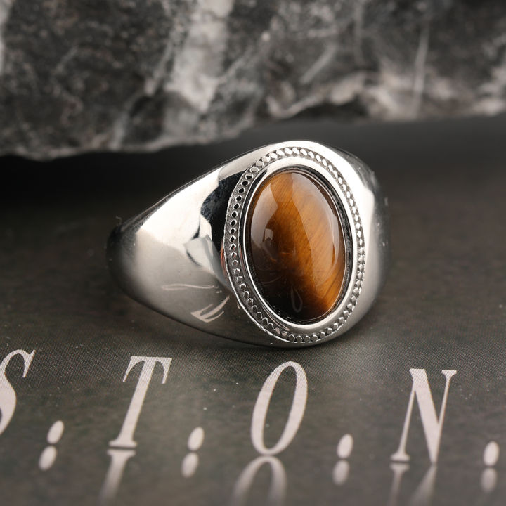 New Stylish Signet Rings for Men, Male Pinky Ring with Tiger Eye Stone Agate ,Gold Color Stainless Steel Metal Jewelry Not Fade