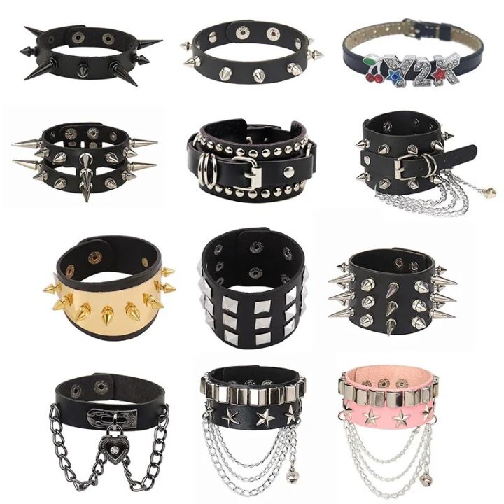 Spiked Studded Bracelet Black Leather Rivets Punk Bracelet Cuff Wrap Bangle Snap Button Metal Wristband for Men Women
