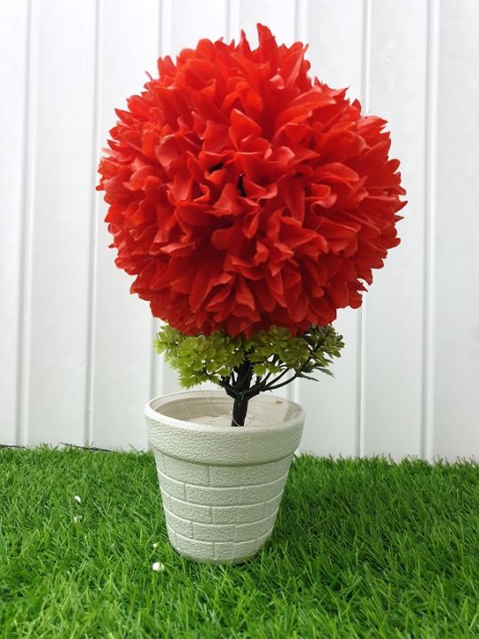 Artificial Boll Shape Flower With Pot Decoration Piece -White Best for home and office use