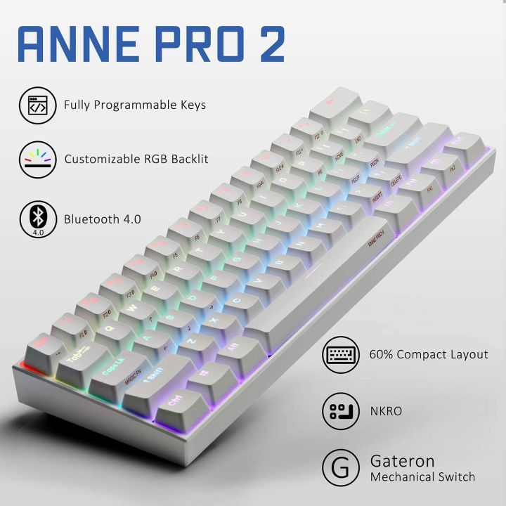 ANŃE PRO 2, 60% Wired/Wireless Bluetooth Mechanical Keyboard (Gateron Brown Switch/White Case) - Full Keys Programmable - True RGB Backlit - Tap Arrow Keys - Double Shot PBT Keycaps - NKRO - 1900mAh Battery.