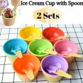 Ice Cream Dessert Bowls with Waffle Cone Shape Spoon in Assorted Colors- 2 Sets. 