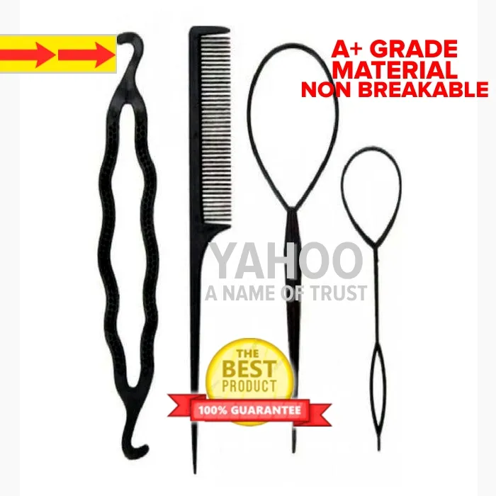 4%20Pcs%20Set%20Styling%20Clip%20Bun%20Maker%20+%20Hair%20Twist%20Braid%20Ponytail%20Tool%20With%20Rat%20Tail%20Comb%20Tool%20Makes%20stylish%20hair%20Volumes%20Up%20Hair%20-%20Image%206