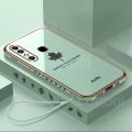 For Infinix Hot 8 Back Cover with Lanyard Fashion Shiny Plating Maple Leaf Design Camera Lens Protection Square Edge Soft Silicone Protective Phone Case. 