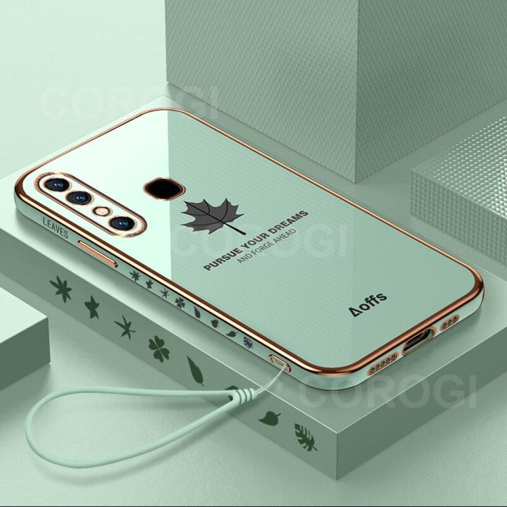 For Infinix Hot 8 Back Cover with Lanyard Fashion Shiny Plating Maple Leaf Design Camera Lens Protection Square Edge Soft Silicone Protective Phone Case