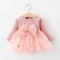 Autumn New Girl Dress Long Sleeve Round Neck Mesh Cute Big Bow Princess Dress Suitable for 9 Months-3 Years Old Baby. 