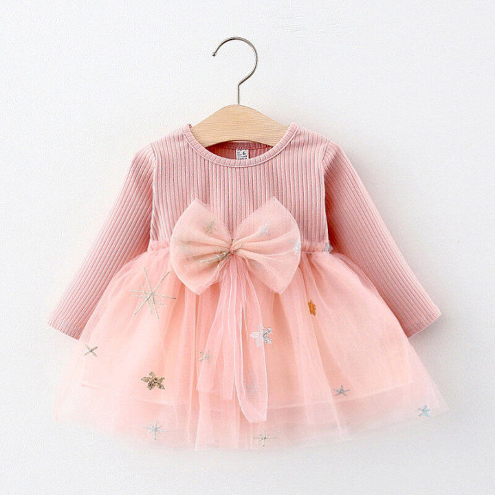 Autumn New Girl Dress Long Sleeve Round Neck Mesh Cute Big Bow Princess Dress Suitable for 9 Months-3 Years Old Baby