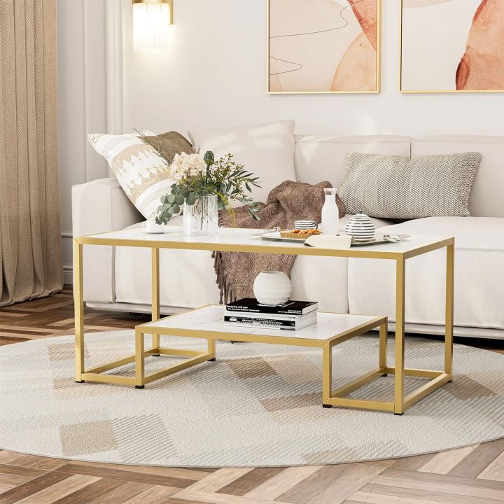 Modern Marble texture Coffee Table with Gold Metal Frame and Storage Shelf, Living Room Center Table for Home Furniture bbp  Office Decor