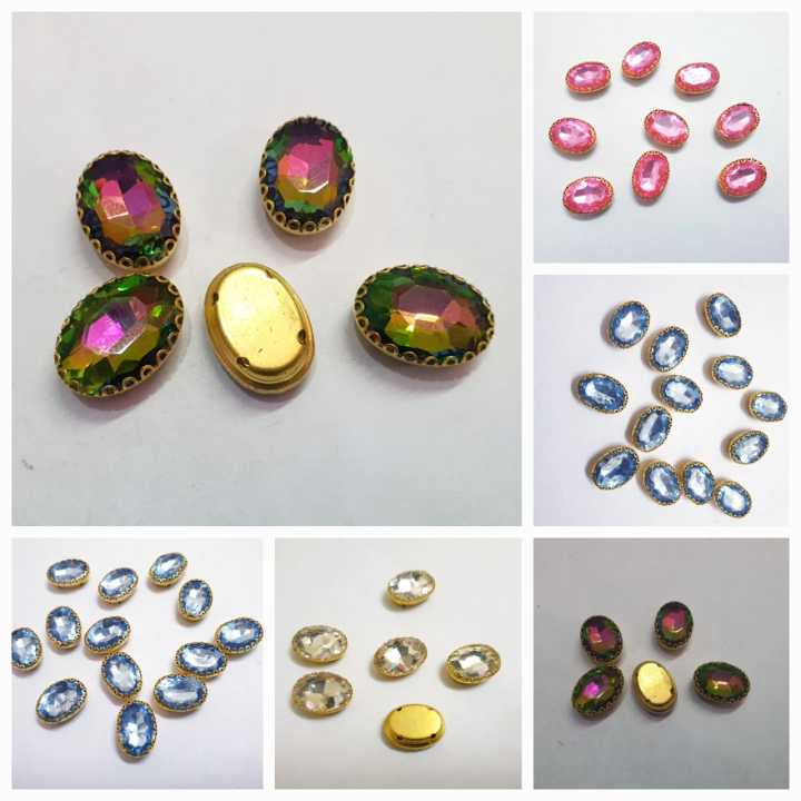 6 Pcs Oval Glass Big Sew On Rhienstones with Golden Base Crystal Clipstones 15mm/20 mm