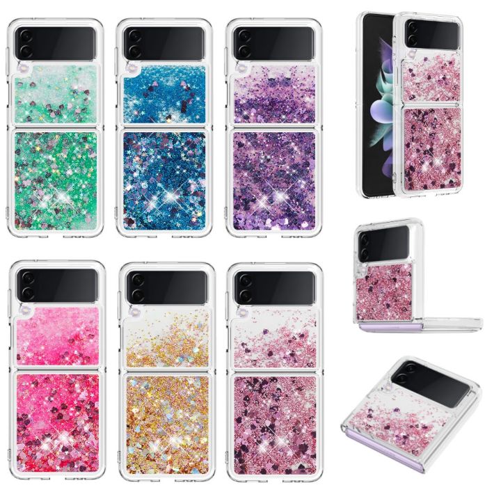 Galaxi Z Flip 4 5 Flip4 Glitter Case on for Samsung Galaxy Z Flip 3 5G Flip3 Cases Bright Shape Dynamic Liquid Phone Back Cover