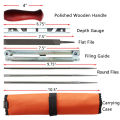 chainsaw sharpener-3x Round Files
1x Flat File
1x Hardwood Handle
1x Depth Gauge Tool
1x Screw On File Guide
1x Quick Check Gauge
1x Bar Groove Cleaner
1x Carrying Pouch-…. 