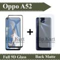 Oppo A52 Full Black 9D Tempered Glass Edge to Edge Full Glue Screen Protector + Back Matte Protector Soft Skin Sheet Soft Film Protector For Oppo A52. 