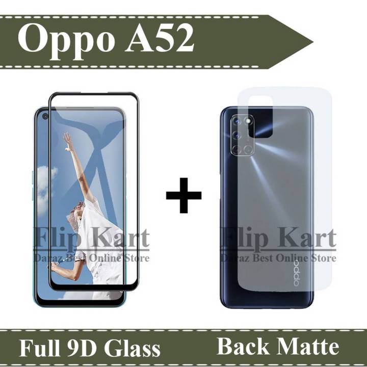 Oppo A52 Full Black 9D Tempered Glass Edge to Edge Full Glue Screen Protector + Back Matte Protector Soft Skin Sheet Soft Film Protector For Oppo A52
