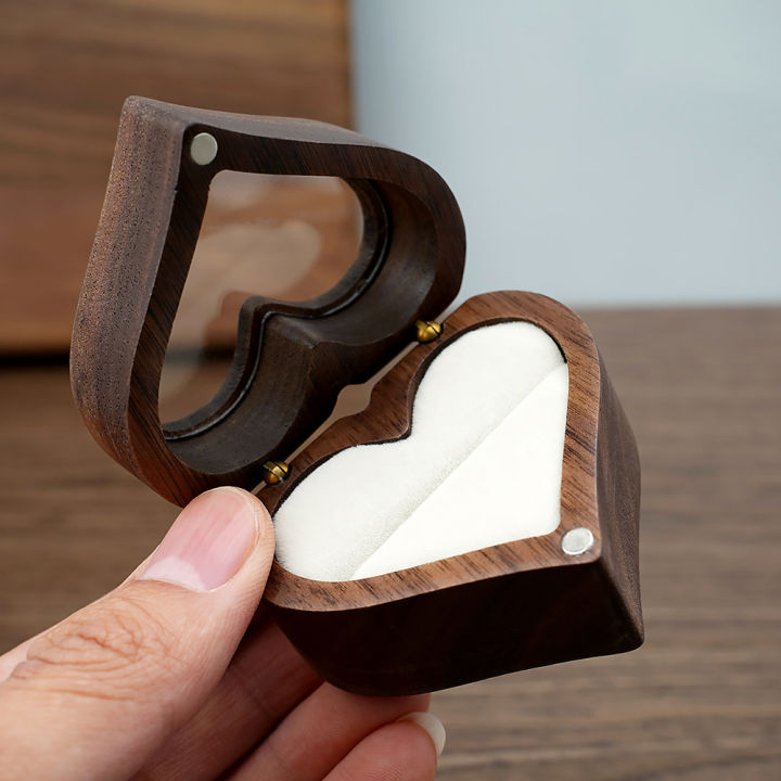 Wooden Box Ear Stud Earrings Jewelry Box Ring Box Heart-shaped Walnut Pair Ring Storage Packaging Gift Box